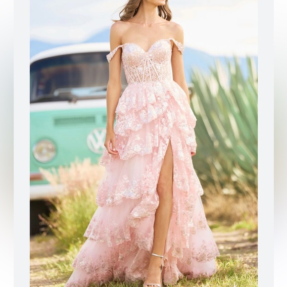 Sherri Hill Blush Pink Lace Off-Shoulder A-Line Tulle Sequin Prom Gown - Picture 6 of 8